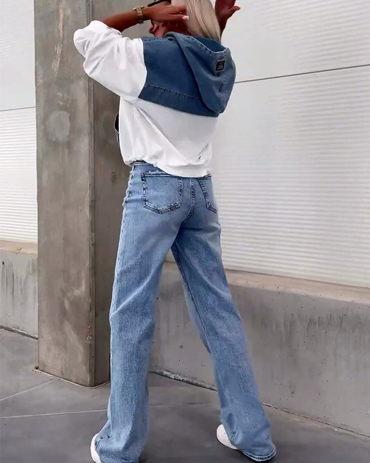 Sweat à capuche zippé en patchwork de denim décontracté