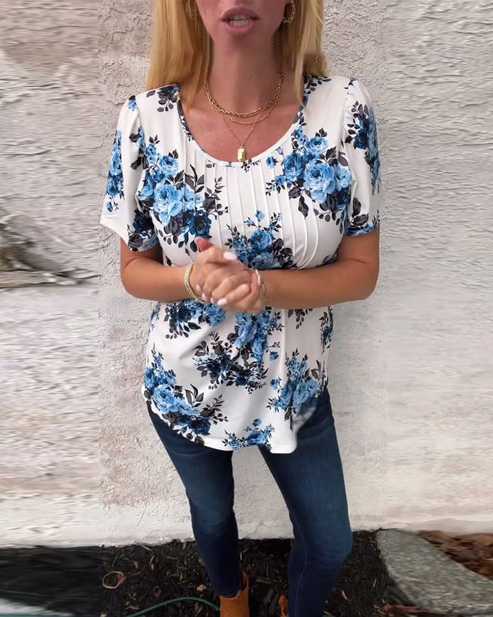 T-Shirt À Col Rond Imprimé Floral Plissé