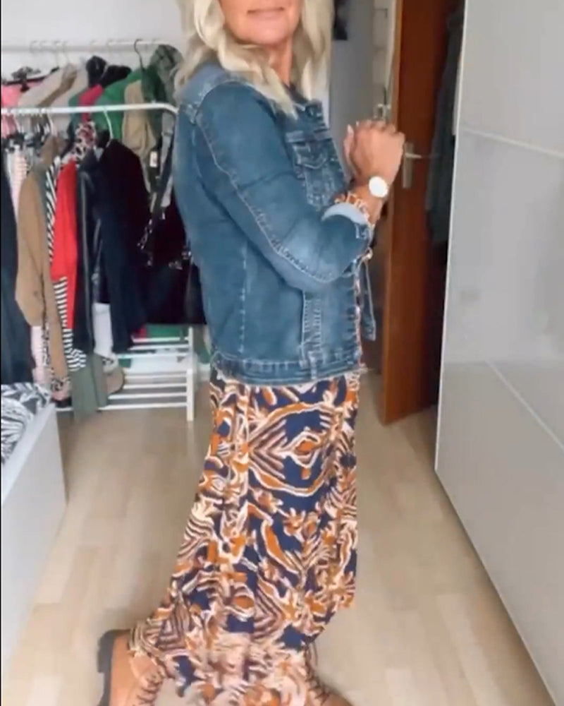 Manteau en jean décontracté à manches longues et revers boutonnés