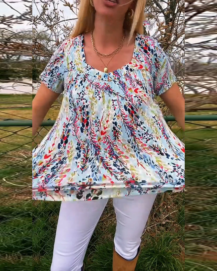 T-Shirt Col U Manches Courtes Imprimé