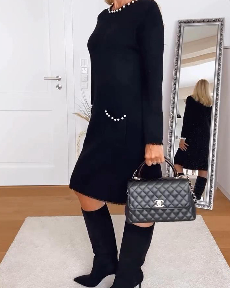 Robe Pull À Col Rond Perlée Manches Longues