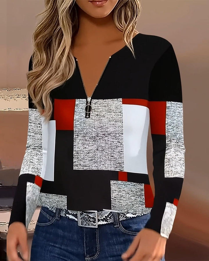 T-Shirt Décontracté Imprimé À Col V Avec Fermeture Éclair