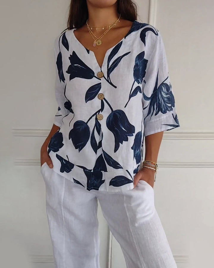 Haut boutonné en coton et lin imprimé fleuri