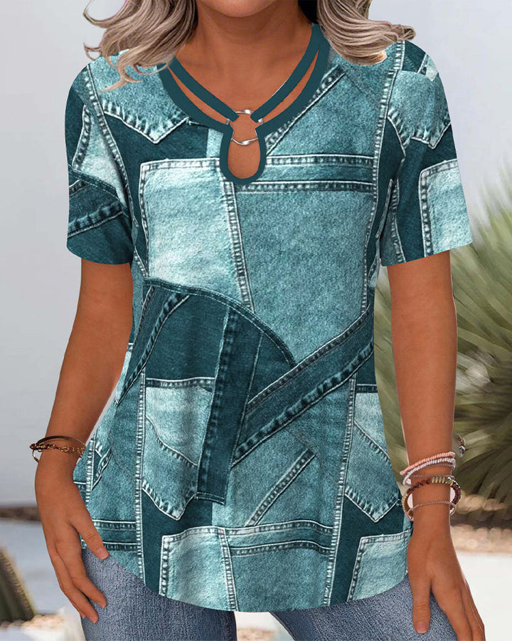 Blouse Vintage Jean Contraste Découpée