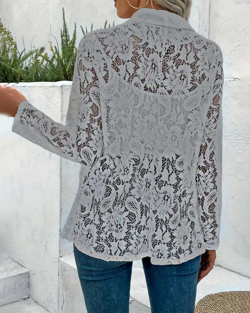 Manteau élégant à revers en dentelle florale de couleur unie