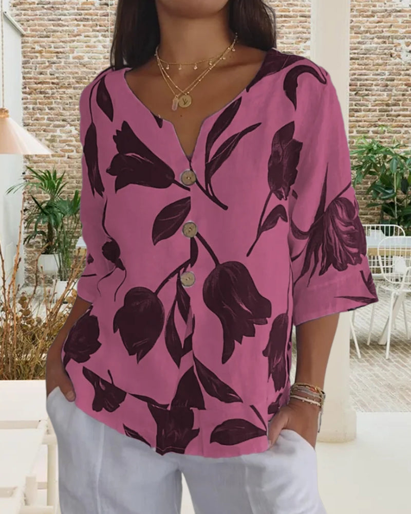 Haut boutonné en coton et lin imprimé fleuri