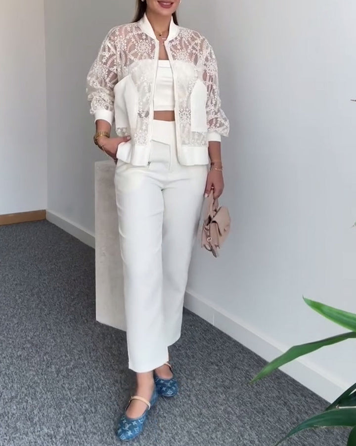 Manteau Dentelle Creuse Couleur Unie