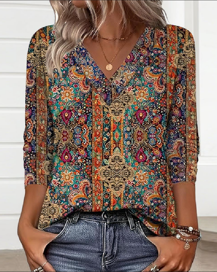 Blouse Rétro Imprimé Encolure En V