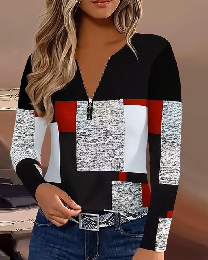 T-Shirt Décontracté Imprimé À Col V Avec Fermeture Éclair