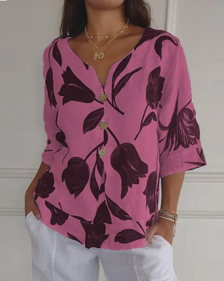 Haut boutonné en coton et lin imprimé fleuri