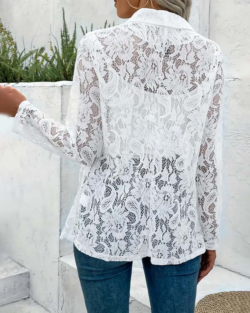 Manteau élégant à revers en dentelle florale de couleur unie