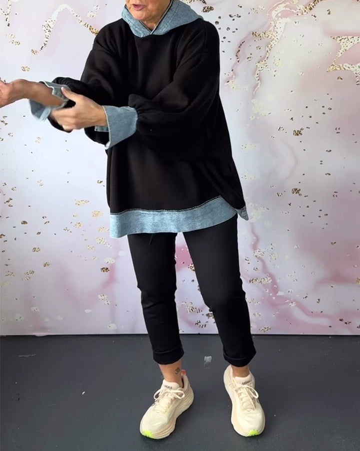 Sweat à capuche décontracté à manches lanternes de couleur contrastée