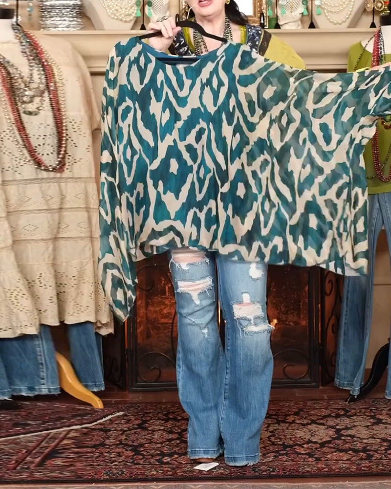 Blouse Manches Chauve-Souris Imprimé Manches Longues