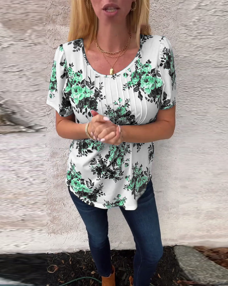 T-Shirt À Col Rond Imprimé Floral Plissé