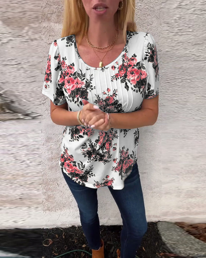 T-Shirt À Col Rond Imprimé Floral Plissé