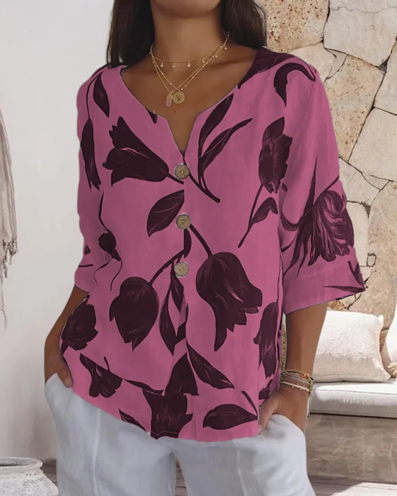 Haut boutonné en coton et lin imprimé fleuri