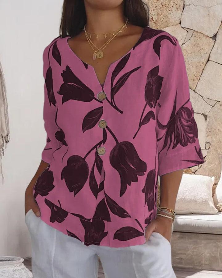 Haut boutonné en coton et lin imprimé fleuri