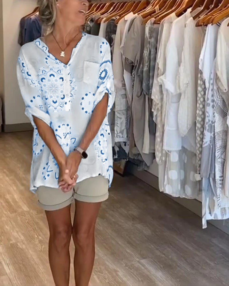 Blouse Polyvalente Col En V Imprimée Manches Mi-Longues