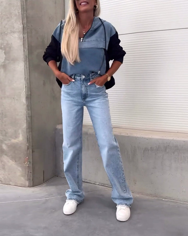 Sweat à capuche zippé en patchwork de denim décontracté