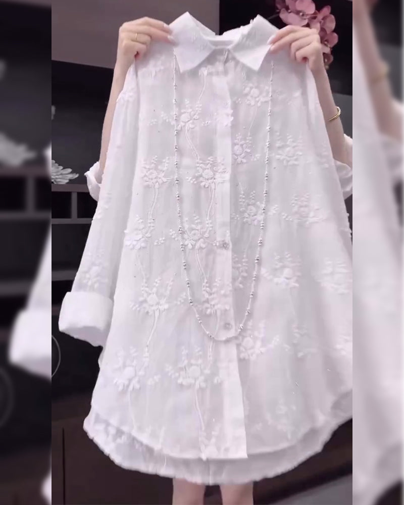 Chemise Uni Brodée Épaules Tombées