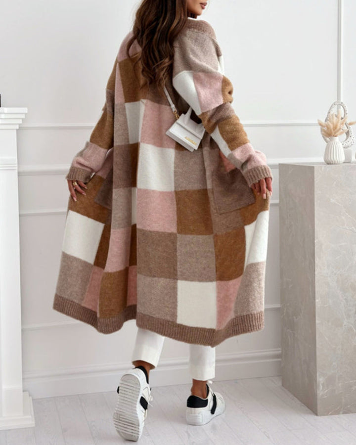 Cardigan ample décontracté à carreaux contrastés avec poche