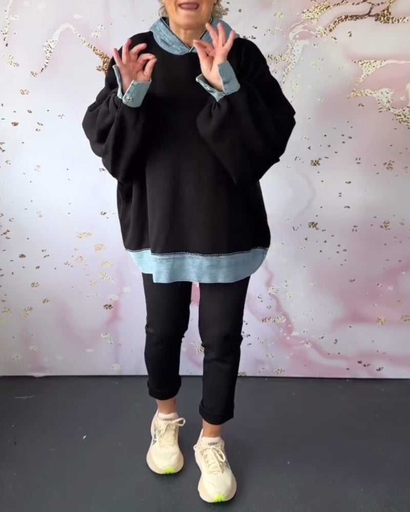 Sweat à capuche décontracté à manches lanternes de couleur contrastée