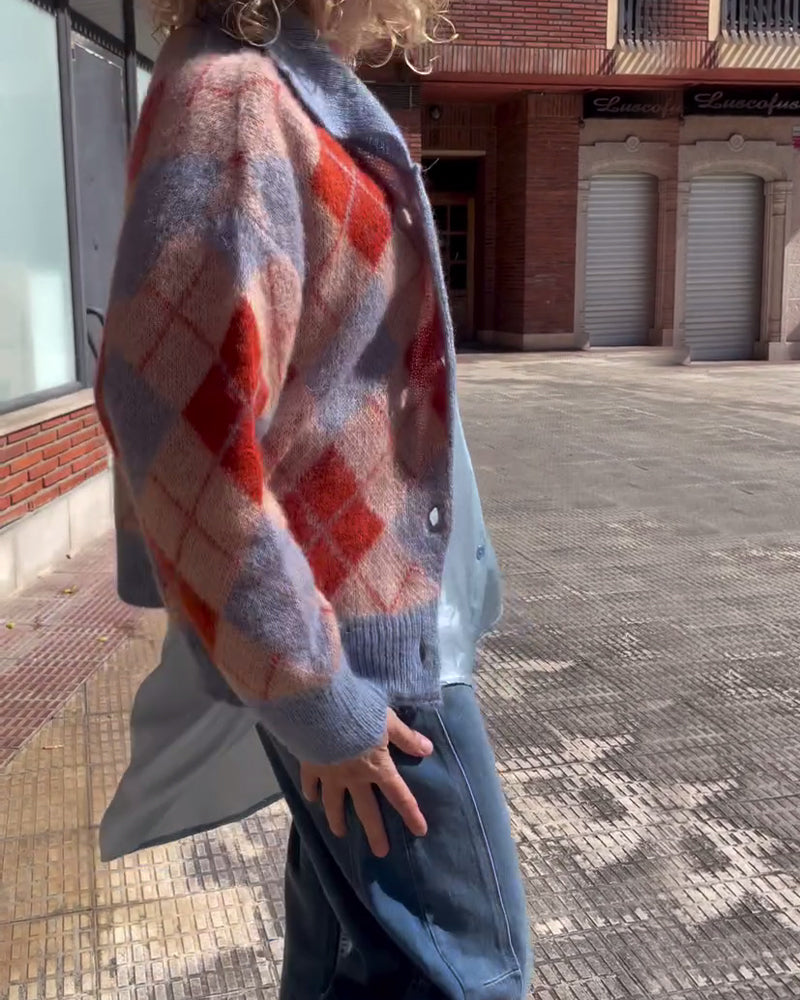 Cardigan Géométrique Color Block Bouton Devant