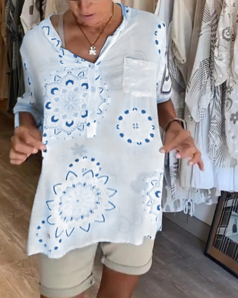 Blouse Polyvalente Col En V Imprimée Manches Mi-Longues