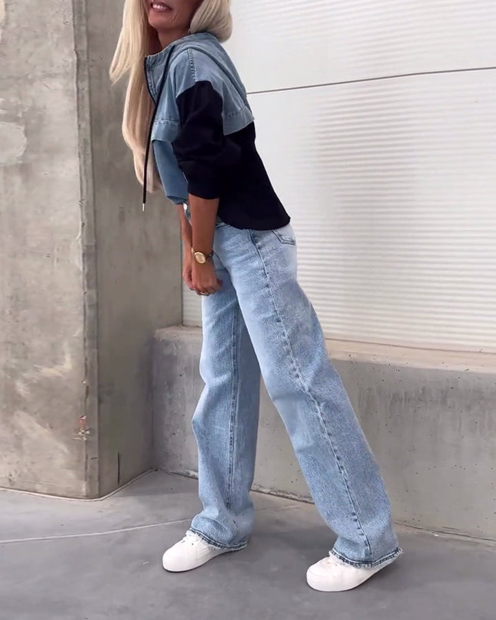 Sweat à capuche zippé en patchwork de denim décontracté