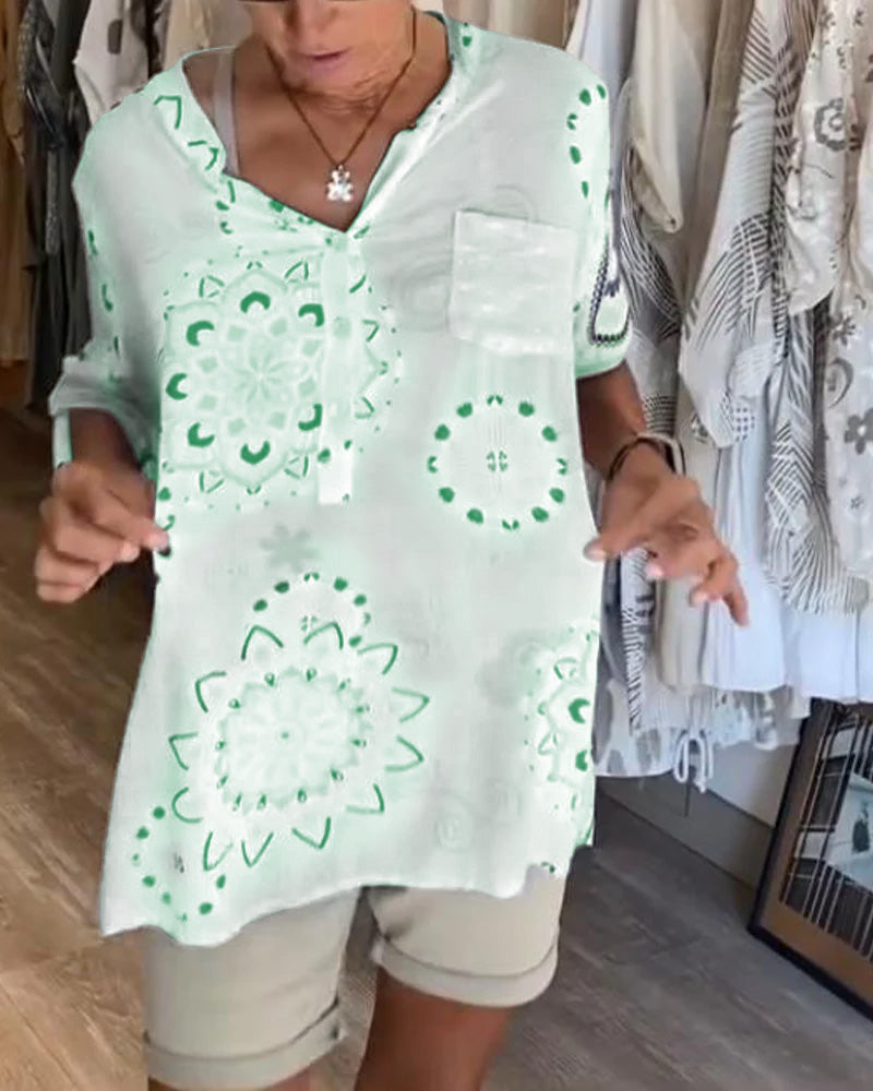 Blouse Polyvalente Col En V Imprimée Manches Mi-Longues