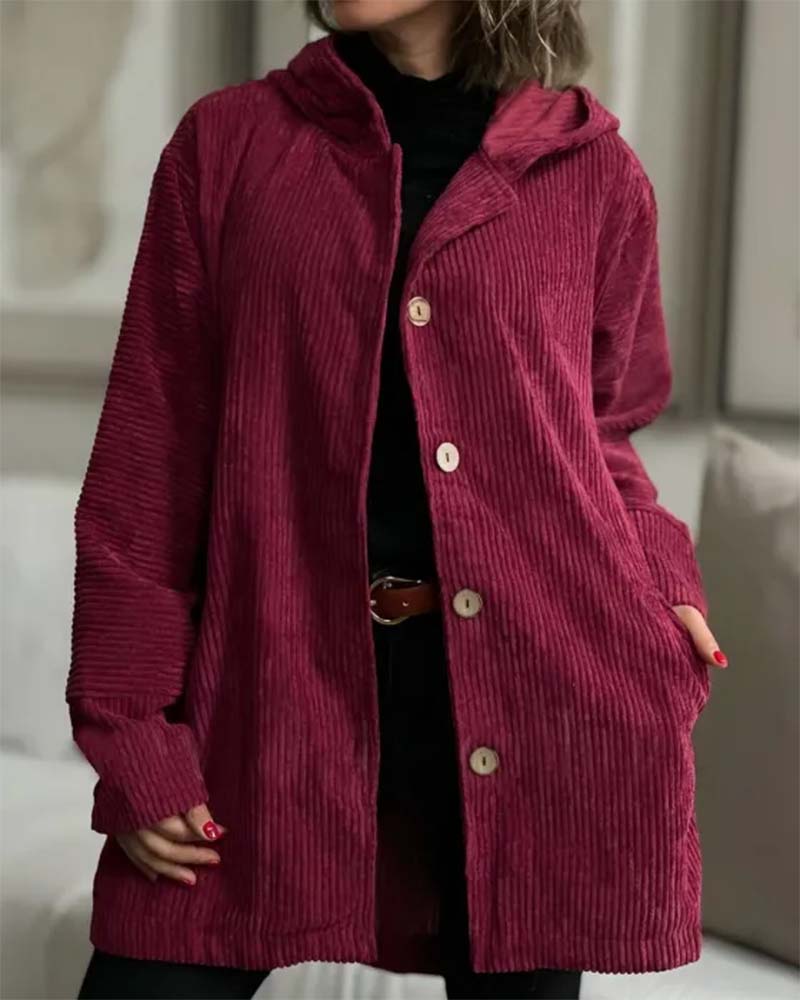 Manteau Tendance Velours Côtelé À Capuche