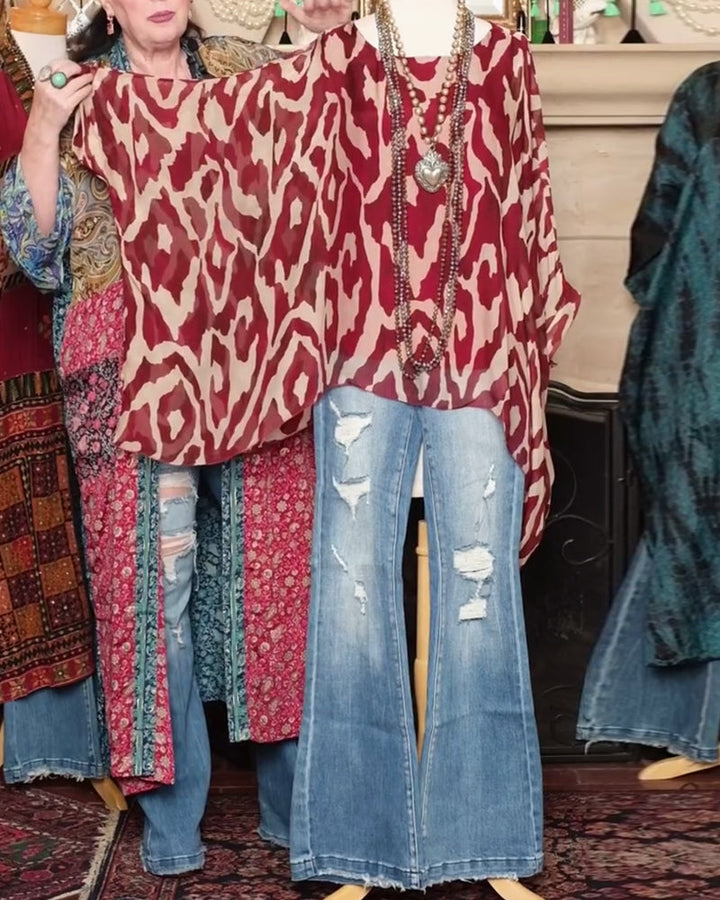 Blouse Manches Chauve-Souris Imprimé Manches Longues