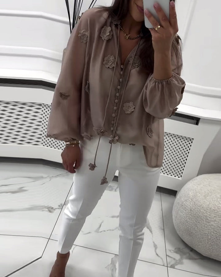 Blouse Unie Fleurs 3D À Lacets