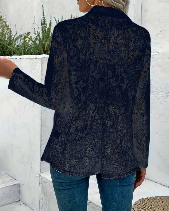 Manteau élégant à revers en dentelle florale de couleur unie