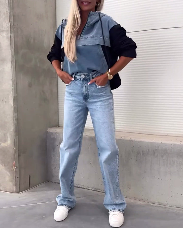 Sweat à capuche zippé en patchwork de denim décontracté