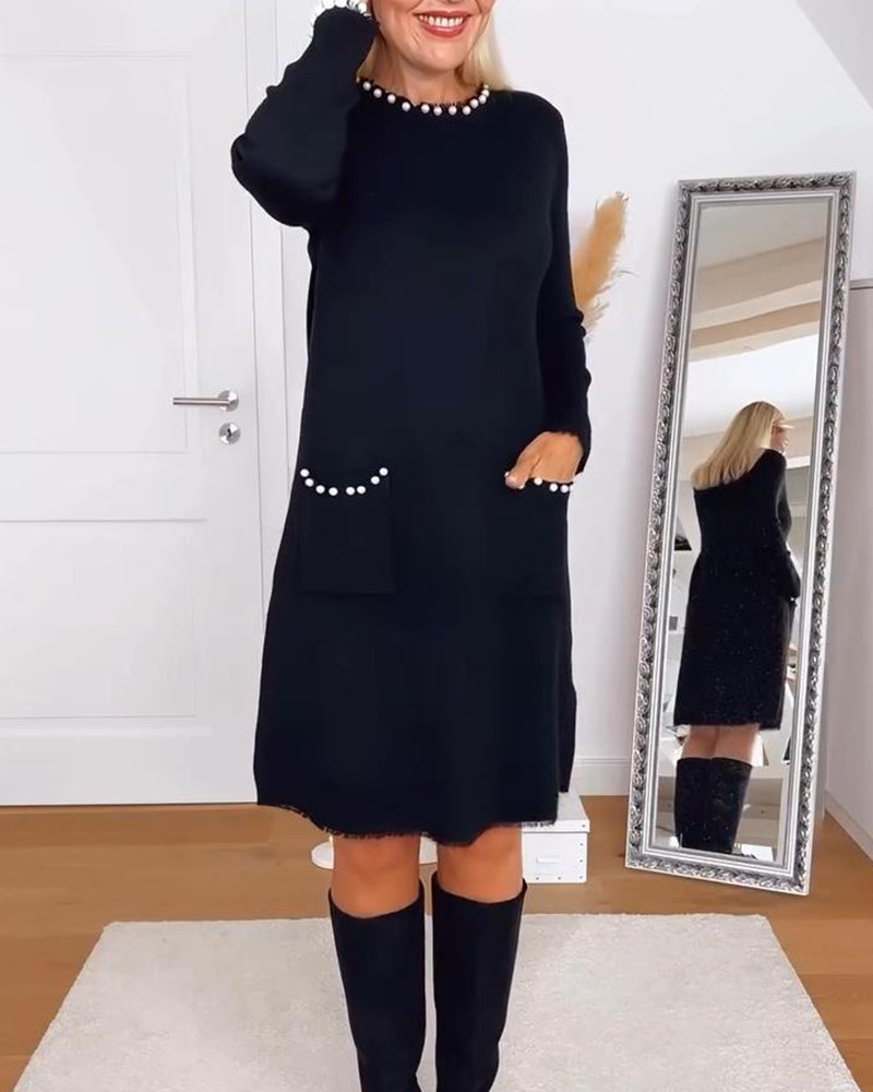 Robe Pull À Col Rond Perlée Manches Longues