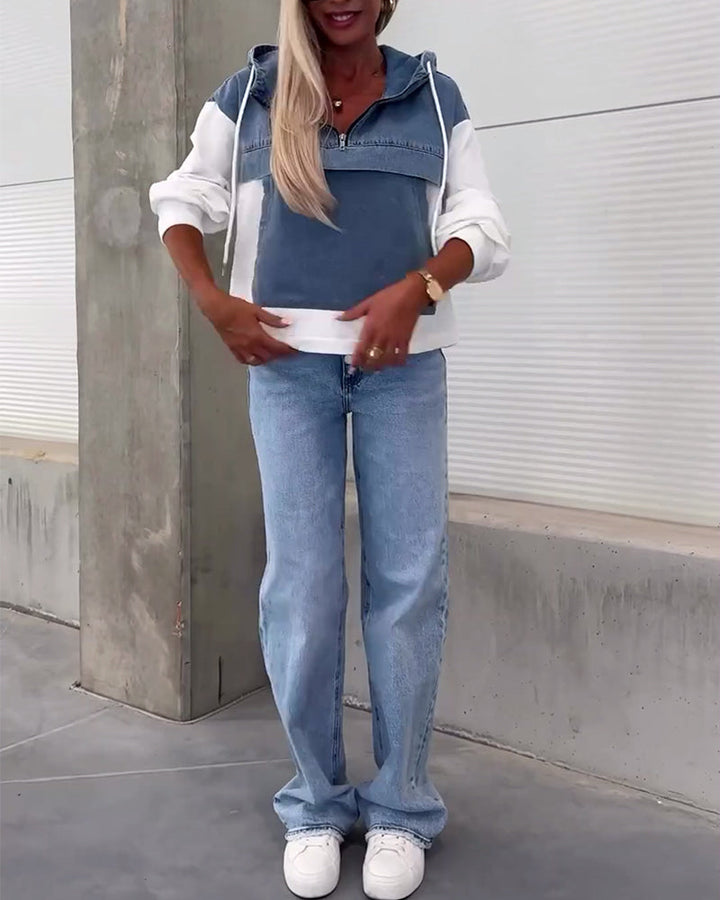 Sweat à capuche zippé en patchwork de denim décontracté