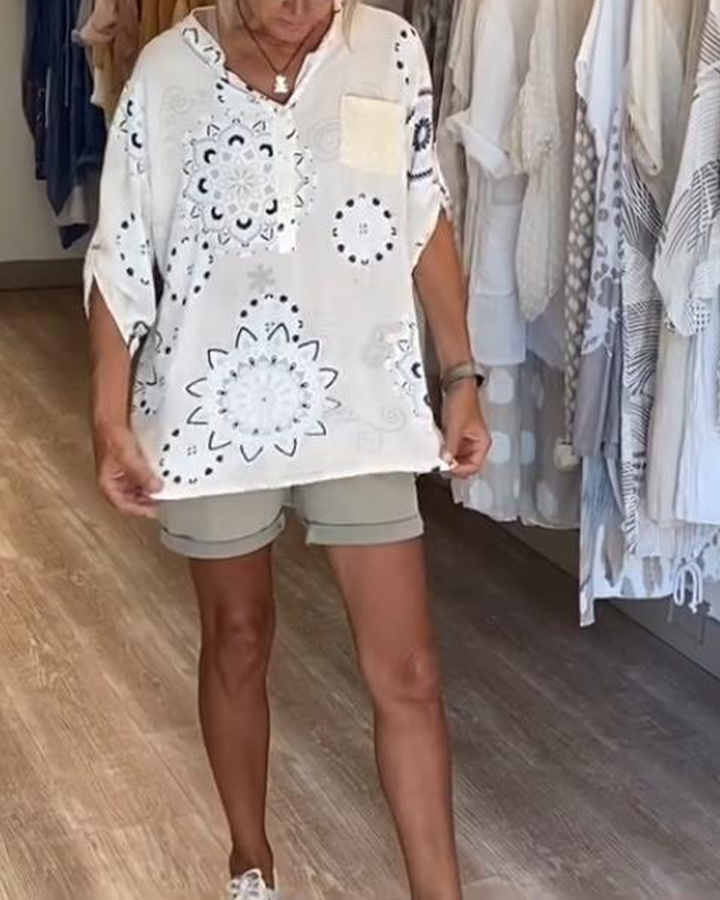 Blouse Polyvalente Col En V Imprimée Manches Mi-Longues