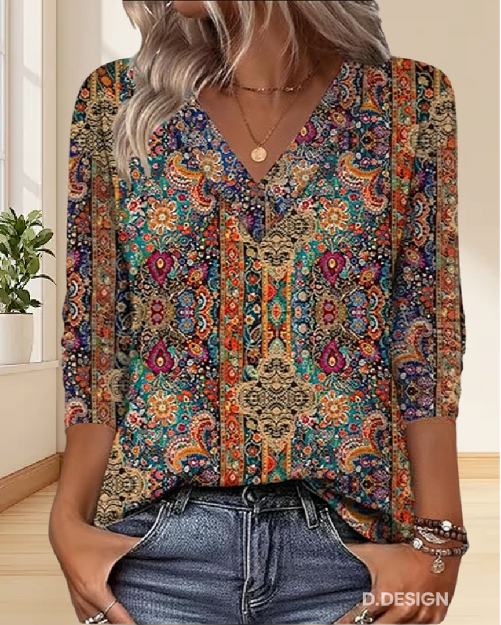 Blouse Rétro Imprimé Encolure En V