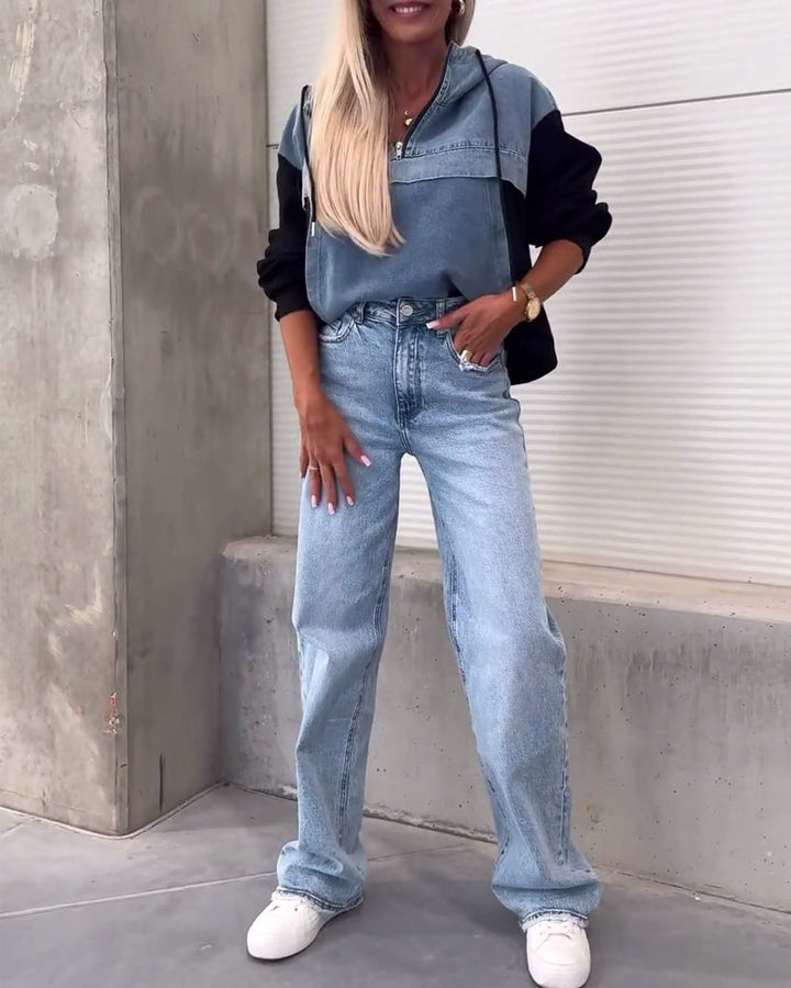 Sweat à capuche zippé en patchwork de denim décontracté