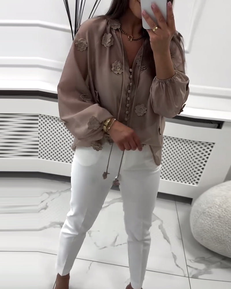 Blouse Unie Fleurs 3D À Lacets