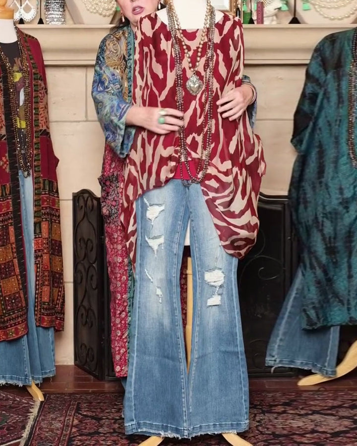 Blouse Manches Chauve-Souris Imprimé Manches Longues