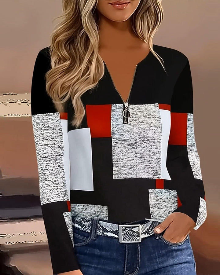 T-Shirt Décontracté Imprimé À Col V Avec Fermeture Éclair