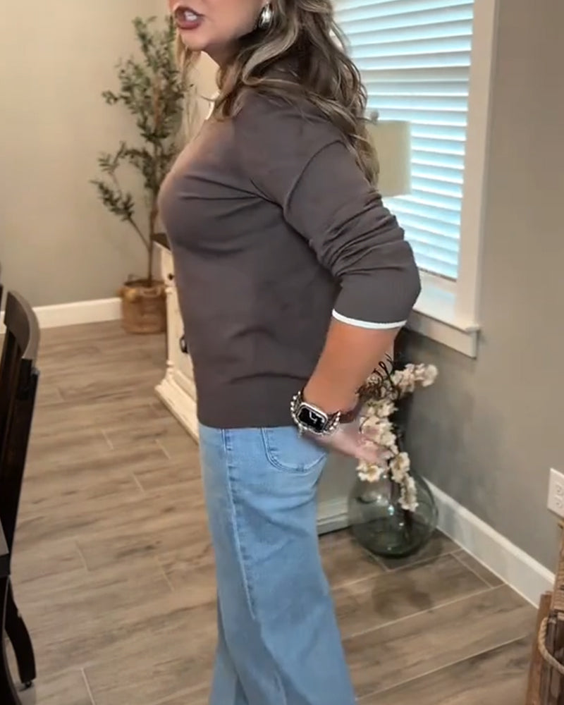 Pull de Base à Manches Longues et Couleur Contrastée