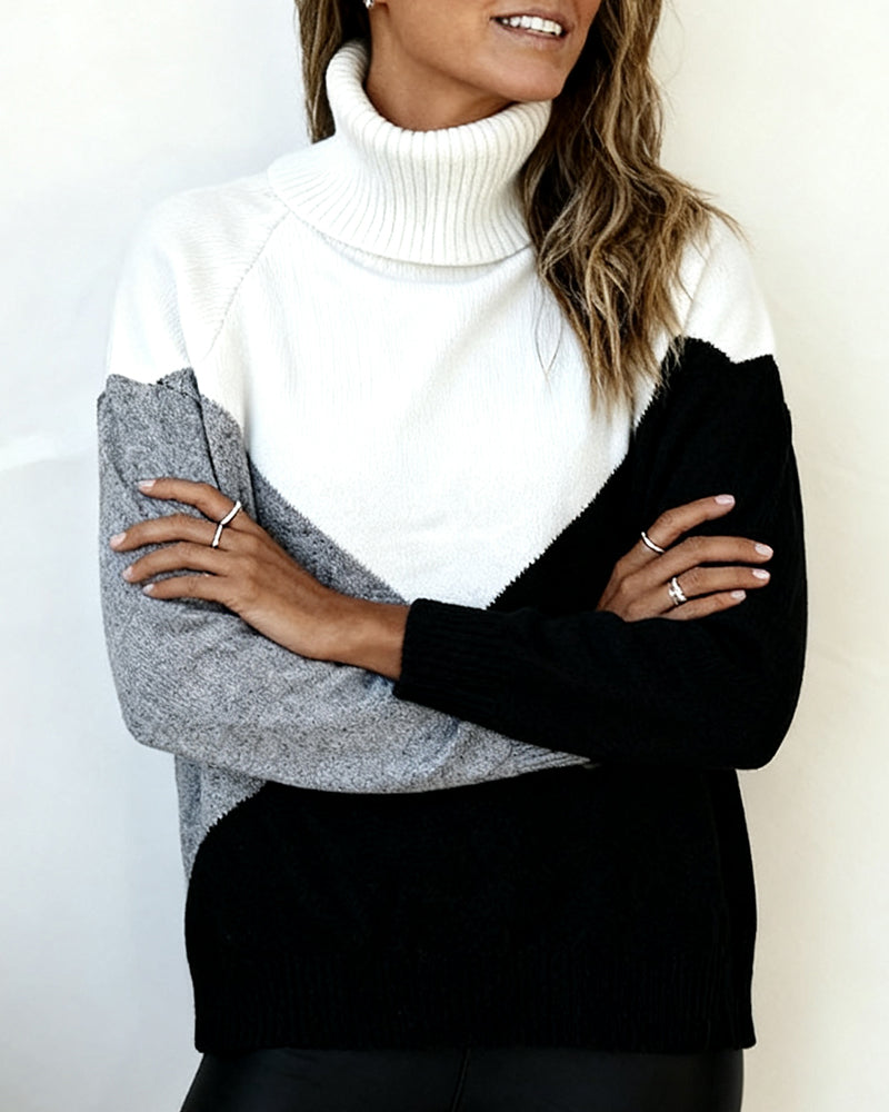 Pull Col Roulé Couleur Contrastée Tendance
