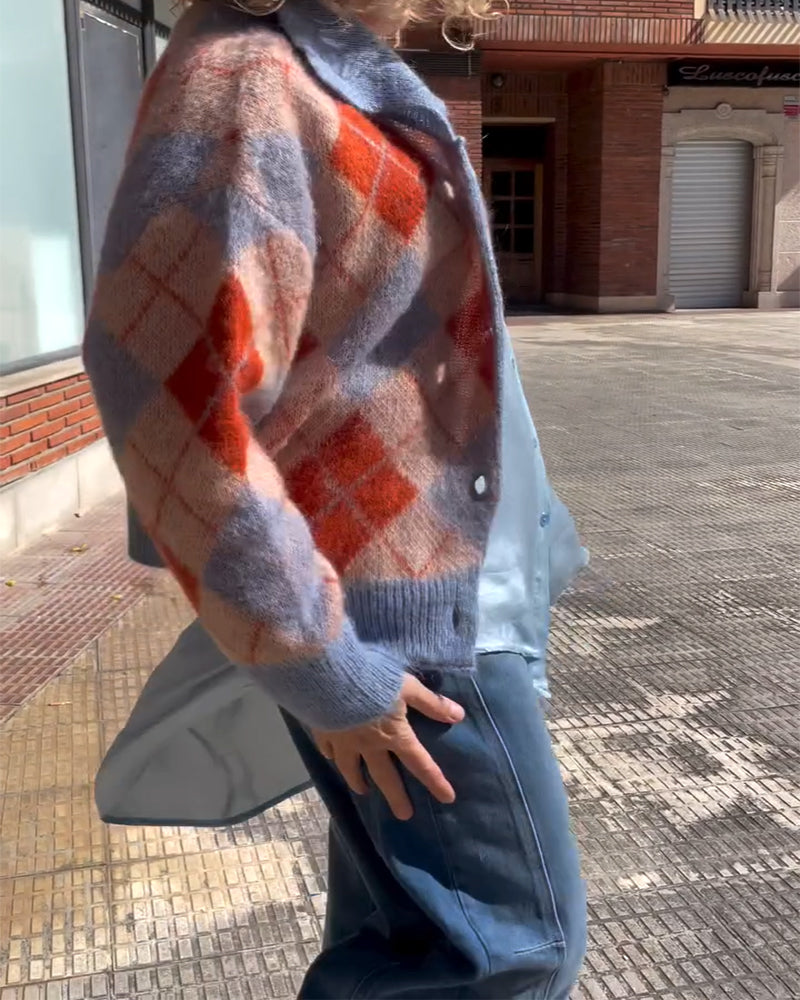 Cardigan Géométrique Color Block Bouton Devant