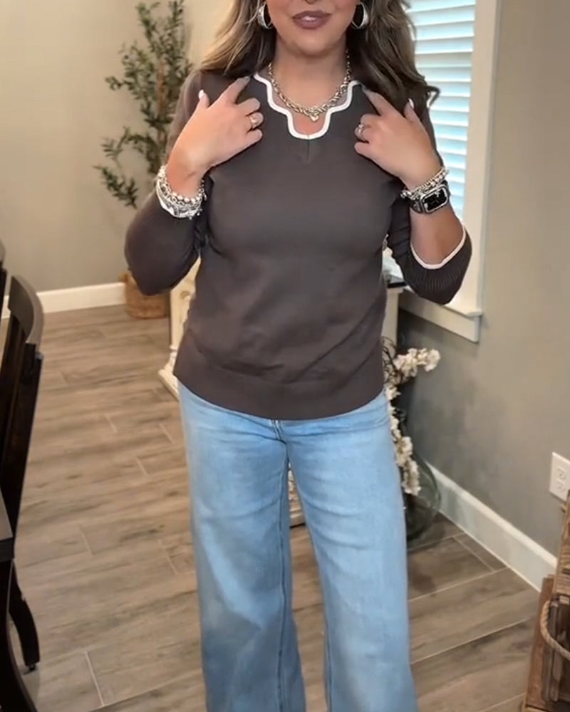 Pull de Base à Manches Longues et Couleur Contrastée