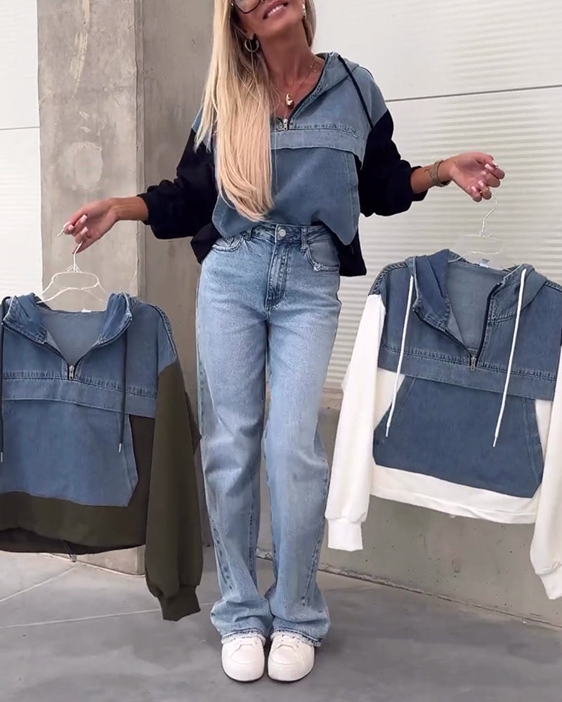 Sweat à capuche zippé en patchwork de denim décontracté