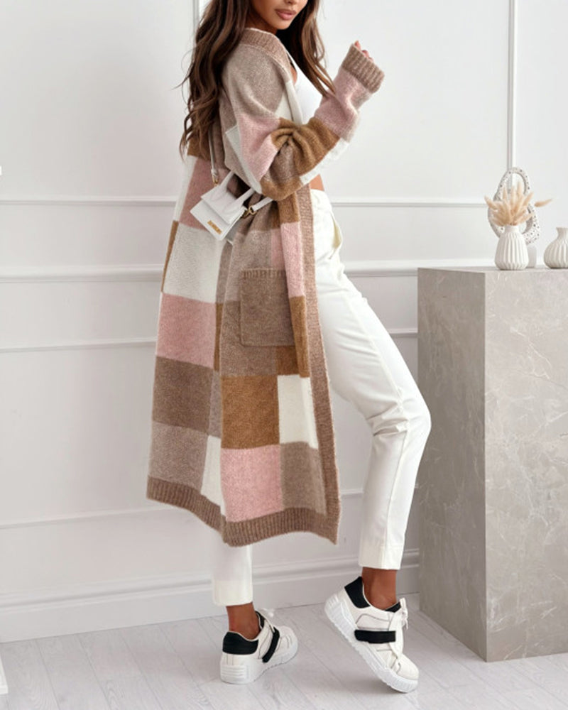 Cardigan ample décontracté à carreaux contrastés avec poche