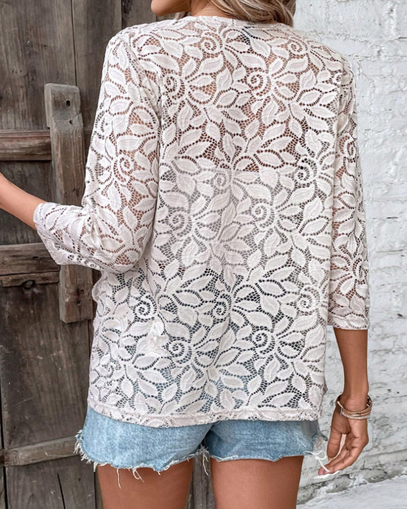 Manteau en dentelle de couleur unie à manches trois-quarts